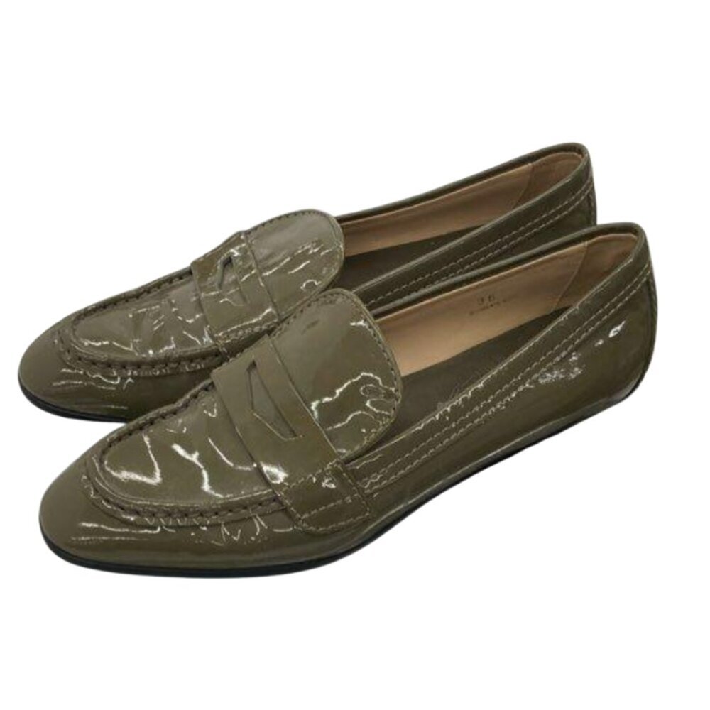 Tod's Patent Leather Olive Green Penny Loafers Womens Size 6